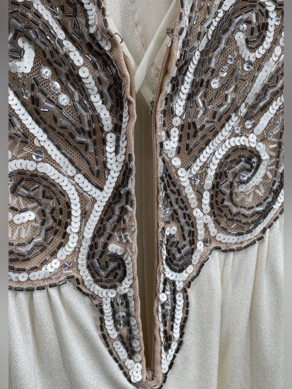 Vintage Ivory Gold Beaded Sequin Maxi Dress Long Sleeve Keyhole Formal Gown - Picture 6 of 11